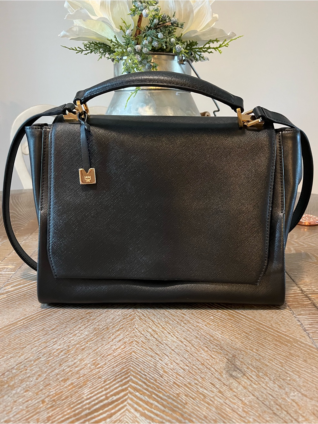Euc Mcm Black Structured Top-Handle Women’s Bag With Crossbody Strap.